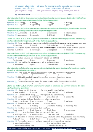 Đề khảo sát chất lượng Ôn thi Trung học phổ thông quốc gia môn Tiếng Anh - Đề số 121 - Năm học 2017-2018 - Trường THPT Liên Sơn