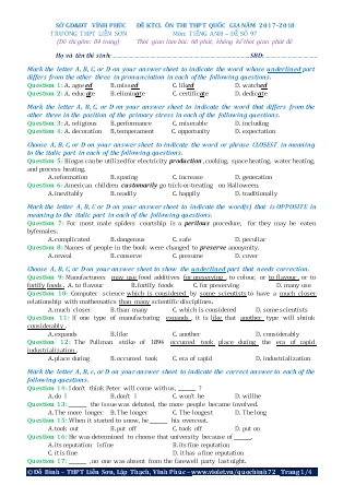 Đề khảo sát chất lượng Ôn thi Trung học phổ thông quốc gia môn Tiếng Anh - Đề số 97 - Năm học 2017-2018 - Trường THPT Liên Sơn