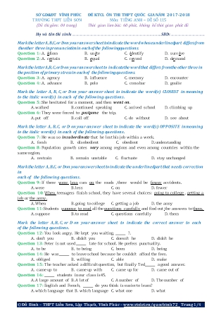 Đề khảo sát chất lượng Ôn thi Trung học phổ thông quốc gia môn Tiếng Anh - Đề số 115 - Năm học 2017-2018 - Trường THPT Liên Sơn