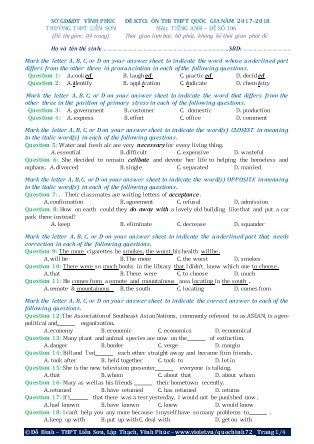 Đề khảo sát chất lượng Ôn thi Trung học phổ thông quốc gia môn Tiếng Anh - Đề số 106 - Năm học 2017-2018 - Trường THPT Liên Sơn
