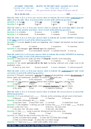 Đề khảo sát chất lượng Ôn thi Trung học phổ thông quốc gia môn Tiếng Anh - Đề số 104 - Năm học 2017-2018 - Trường THPT Liên Sơn
