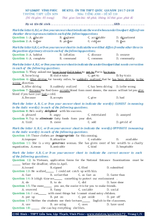 Đề khảo sát chất lượng Ôn thi Trung học phổ thông quốc gia môn Tiếng Anh - Đề số 110 - Năm học 2017-2018 - Trường THPT Liên Sơn