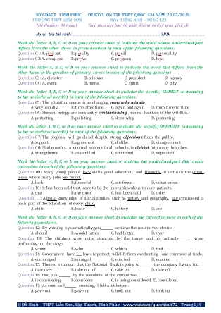 Đề khảo sát chất lượng Ôn thi Trung học phổ thông quốc gia môn Tiếng Anh - Đề số 123 - Năm học 2017-2018 - Trường THPT Liên Sơn