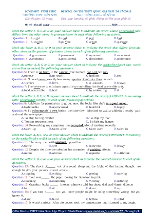 Đề khảo sát chất lượng Ôn thi Trung học phổ thông quốc gia môn Tiếng Anh - Đề số 98 - Năm học 2017-2018 - Trường THPT Liên Sơn