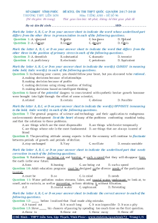 Đề khảo sát chất lượng Ôn thi Trung học phổ thông quốc gia môn Tiếng Anh - Đề số 96 - Năm học 2017-2018 - Trường THPT Liên Sơn