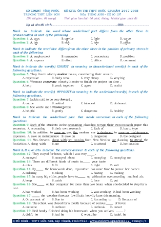 Đề khảo sát chất lượng Ôn thi Trung học phổ thông quốc gia môn Tiếng Anh - Đề số 107 - Năm học 2017-2018 - Trường THPT Liên Sơn