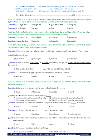 Đề khảo sát chất lượng Ôn thi Trung học phổ thông quốc gia môn Tiếng Anh - Đề số 116 - Năm học 2017-2018 - Trường THPT Liên Sơn