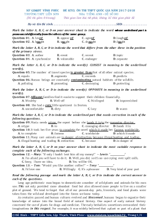 Đề khảo sát chất lượng Ôn thi Trung học phổ thông quốc gia môn Tiếng Anh - Đề số 303 - Năm học 2017-2018 - Trường THPT Liên Sơn