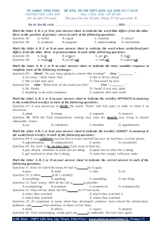 Đề khảo sát chất lượng Ôn thi Trung học phổ thông quốc gia môn Tiếng Anh - Đề số 305 - Năm học 2017-2018 - Trường THPT Liên Sơn