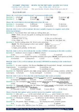 Đề khảo sát chất lượng Ôn thi Trung học phổ thông quốc gia môn Tiếng Anh - Đề số 101 - Năm học 2017-2018 - Trường THPT Liên Sơn
