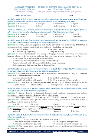 Đề khảo sát chất lượng Ôn thi Trung học phổ thông quốc gia môn Tiếng Anh - Đề số 94 - Năm học 2017-2018 - Trường THPT Liên Sơn