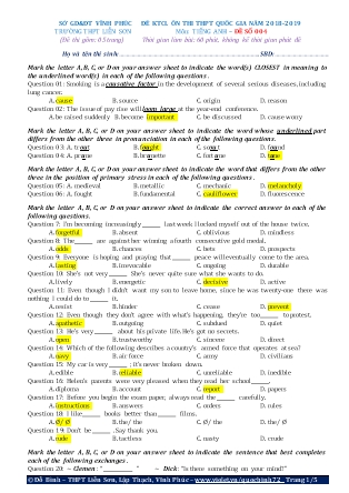 Đề khảo sát chất lượng Ôn thi Trung học phổ thông quốc gia môn Tiếng Anh - Đề số 4 - Năm học 2018-2019 - Trường THPT Liên Sơn