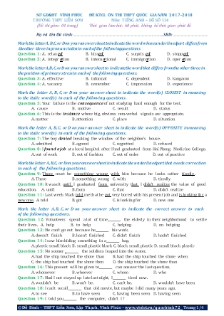 Đề khảo sát chất lượng Ôn thi Trung học phổ thông quốc gia môn Tiếng Anh - Đề số 114 - Năm học 2017-2018 - Trường THPT Liên Sơn