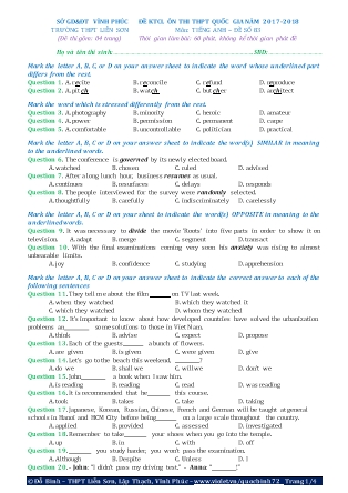 Đề khảo sát chất lượng Ôn thi Trung học phổ thông quốc gia môn Tiếng Anh - Đề số 83 - Năm học 2017-2018 - Trường THPT Liên Sơn