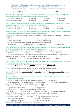 Đề khảo sát chất lượng Ôn thi Trung học phổ thông quốc gia môn Tiếng Anh - Đề số 118 - Năm học 2017-2018 - Trường THPT Liên Sơn