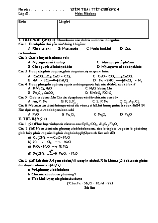 Đề kiểm tra 1 tiết môn Hóa học Khối 8 - Chương 4 (Bản đẹp)