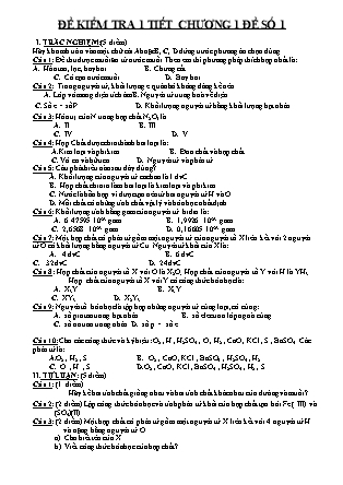 Đề kiểm tra 1 tiết môn Hóa học Lớp 8 - Chương 1 - Đề số 1
