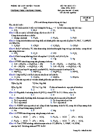 Đề kiểm tra 1 tiết môn Hóa học Lớp 8 - Học kì I - Trường THCS Phương Trung
