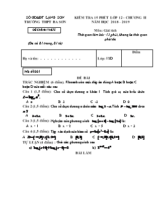 Đề kiểm tra 15 phút môn Toán Lớp 12 - Chương 2 - Trường THPT Ba Sơn