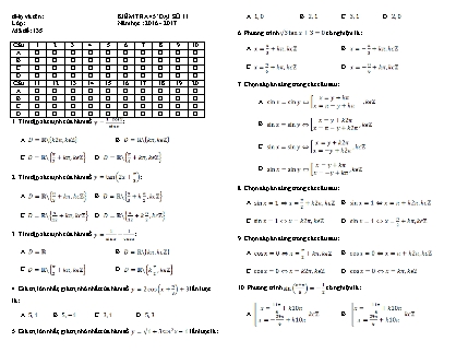 Đề kiểm tra 45 phút môn Đại số Lớp 11 - Đề số 1 - Năm học 2016-2017