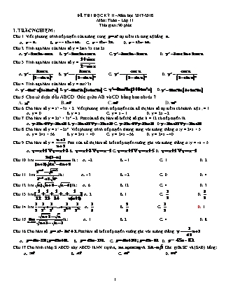Đề kiểm tra chất lượng môn Toán Lớp 11 - Học kì 2 - Đề số 1 - Năm học 2017-2018