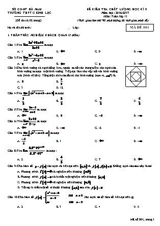 Đề kiểm tra chất lượng môn Toán Lớp 11 - Học kì II - Năm học 2016-2017 - Trường THPT Bình Lục