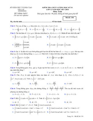 Đề kiểm tra chất lượng môn Toán Lớp 12 - Học kì II - Năm học 2017-2018