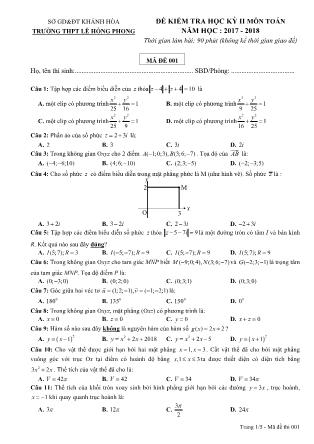 Đề kiểm tra chất lượng môn Toán Lớp 12 - Học kì II - Năm học 2017-2018 - Trường THPT Lê Hồng Phong