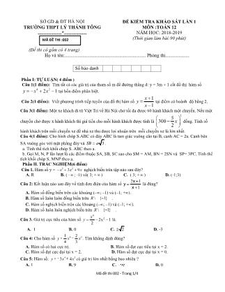 Đề kiểm tra khảo sát Lần 1 môn Toán Lớp 12 - Đề số 2 - Năm học 2018-2019 - Trường THPT Lý Thánh Tông