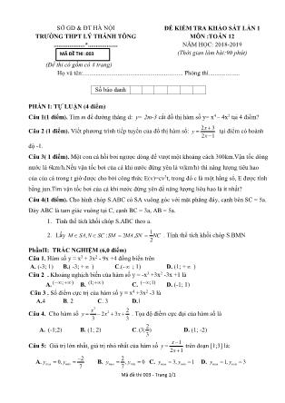 Đề kiểm tra khảo sát Lần 1 môn Toán Lớp 12 - Đề số 3 - Năm học 2018-2019 - Trường THPT Lý Thánh Tông