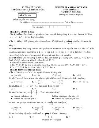 Đề kiểm tra khảo sát Lần 1 môn Toán Lớp 12 - Đề số 4 - Năm học 2018-2019 - Trường THPT Lý Thánh Tông