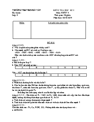 Đề kiểm tra Khoa học tự nhiên Lớp 9 - Học kì I - Năm học 2018-2019 - Trường THCS Hải Vân