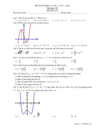 Đề kiểm tra Lần 2 môn Toán Lớp 12 - Đề số 1 - Năm học 2017-2018