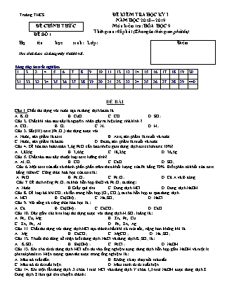 Đề kiểm tra môn Hóa học Lớp 9 - Học kì I - Đề số 1 - Năm học 2018-2019