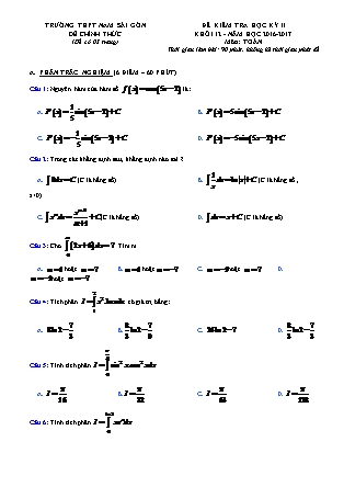 Đề kiểm tra môn Toán học Lớp 12 - Học kì II - Đề số 2 - Năm học 2016-2017 - Trường THPT Nam Sài Gòn