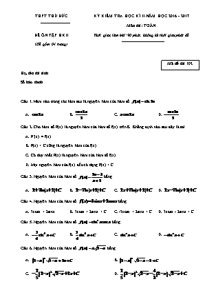 Đề kiểm tra môn Toán học Lớp 12 - Học kì II - Đề số 4 - Năm học 2016-2017 - Trường THPT Thủ Đức