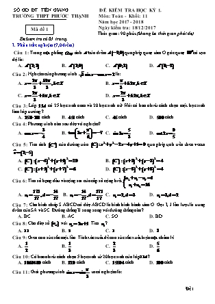 Đề kiểm tra môn Toán Lớp 11 - Học kì I - Đề số 1 - Năm học 2017-2018 - Trường THPT Phước Thạnh
