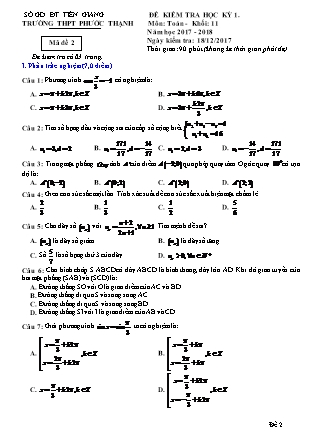 Đề kiểm tra môn Toán Lớp 11 - Học kì I - Đề số 2 - Năm học 2017-2018 - Trường THPT Phước Thạnh