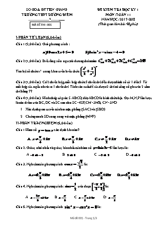 Đề kiểm tra môn Toán Lớp 11 - Học kì I - Năm học 2017-2018 - Trường THPT Dưỡng Điềm