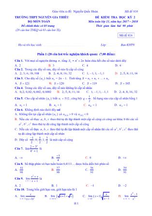 Đề kiểm tra môn Toán Lớp 11 - Học kì II - Đề số 1 - Năm học 2017-2018 - Trường THPT Nguyễn Gia Thiêu