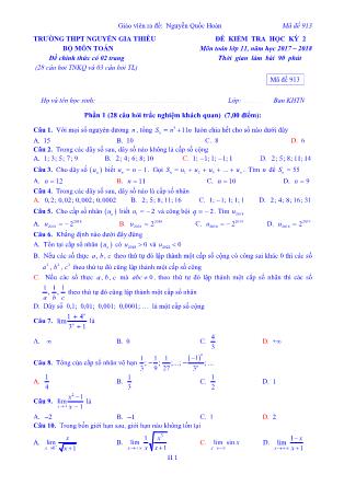 Đề kiểm tra môn Toán Lớp 11 - Học kì II - Đề số 2 - Năm học 2017-2018 - Trường THPT Nguyễn Gia Thiêu