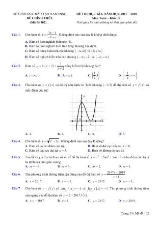 Đề kiểm tra môn Toán Lớp 12 - Học kì 1 - Năm học 2017-2018