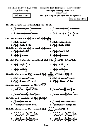 Đề kiểm tra môn Toán Lớp 12 - Học kì 2 - Năm học 2016-2017 - Sở giáo dục và đào tạo Quảng Trị