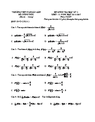 Đề kiểm tra môn Toán Lớp 12 - Học kì 2 - Năm học 2016-2017 - Trường THPT Nam Sài Gòn