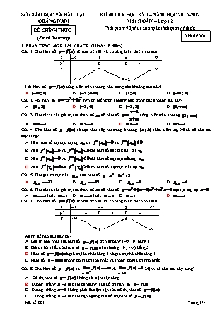 Đề kiểm tra môn Toán Lớp 12 - Học kì I - Đề số 1 - Năm học 2016-2017 - Sở giáo dục và đào tạo Quảng Nam