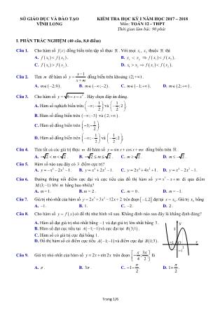 Đề kiểm tra môn Toán Lớp 12 - Học kì I - Đề số 1 - Năm học 2017-2018