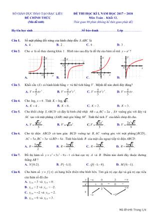 Đề kiểm tra môn Toán Lớp 12 - Học kì I - Đề số 2 - Năm học 2017-2018
