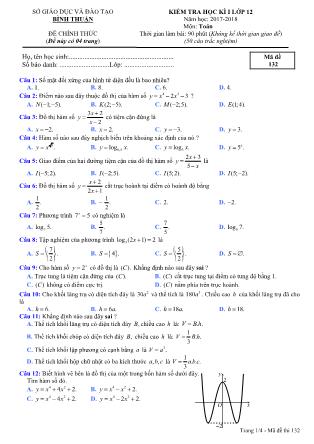 Đề kiểm tra môn Toán Lớp 12 - Học kì I - Đề số 3 - Năm học 2017-2018