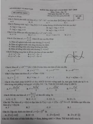 Đề kiểm tra môn Toán Lớp 12 - Học kì I - Đề số 4 - Năm học 2017-2018