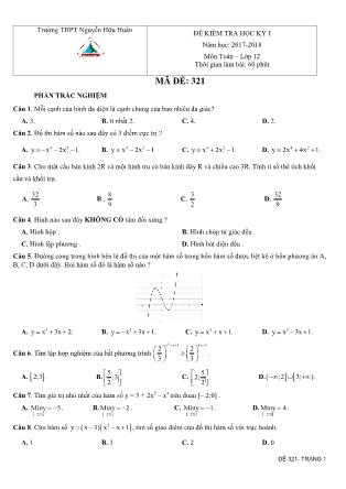 Đề kiểm tra môn Toán Lớp 12 - Học kì I - Năm học 2017-2018 - Trường THPT Nguyễn Hữu Tuân